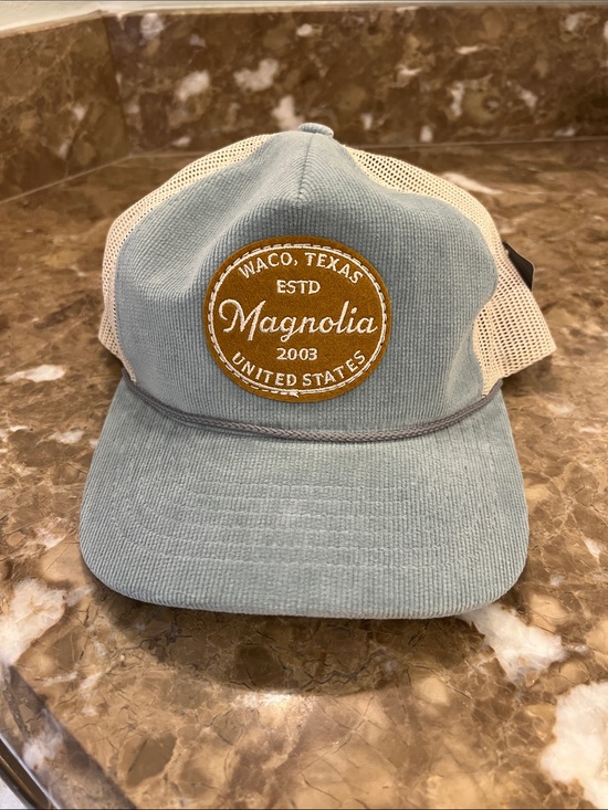 Magnolia Accessories - Magnolia Pale Blue Cream Trucker Hat with Tan Patch Waco Chip and Joanna Gaines